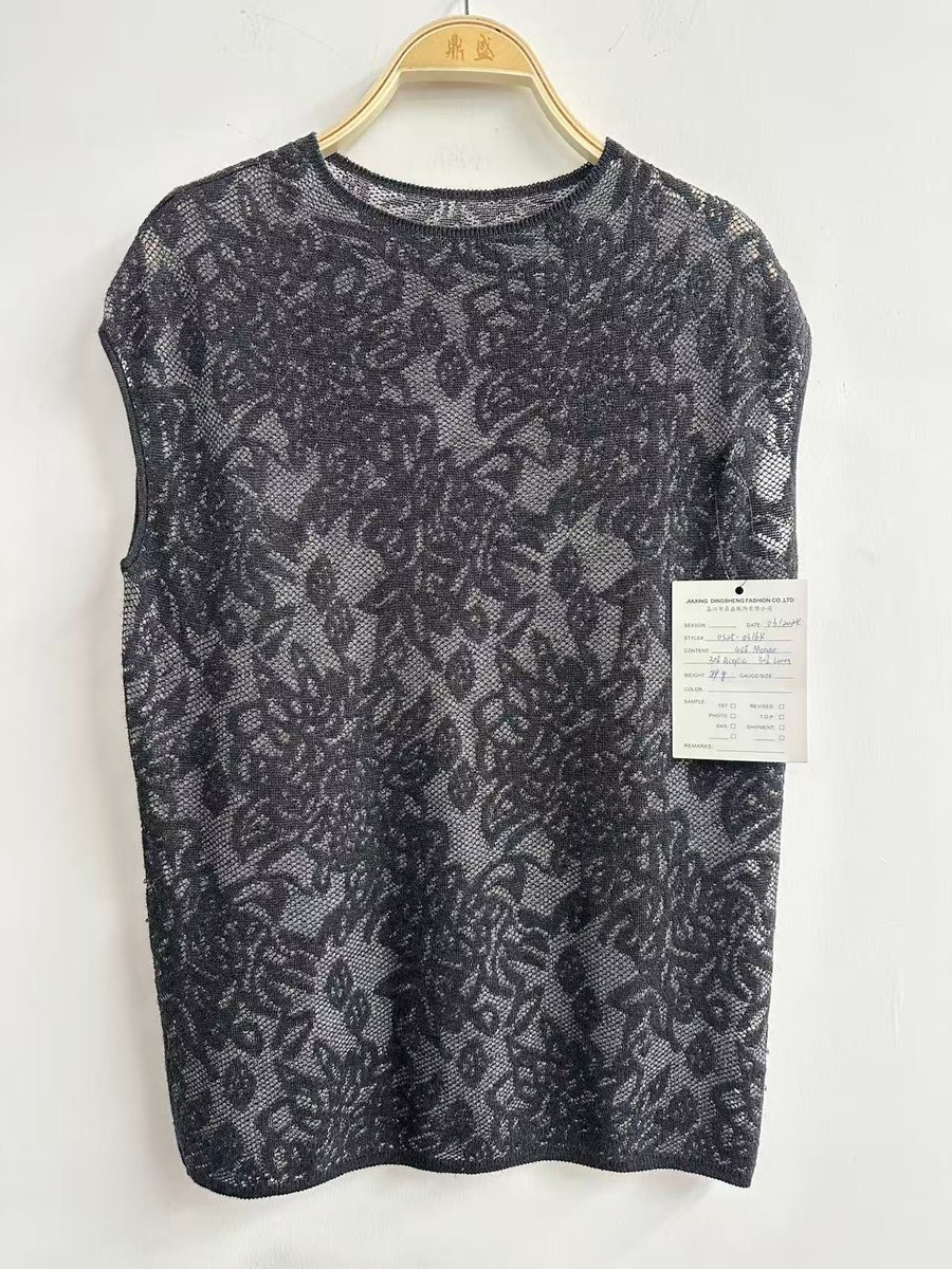 Grey sheer metallic sleeveless top, style DS25-03164, from the Knitwear World sample collection