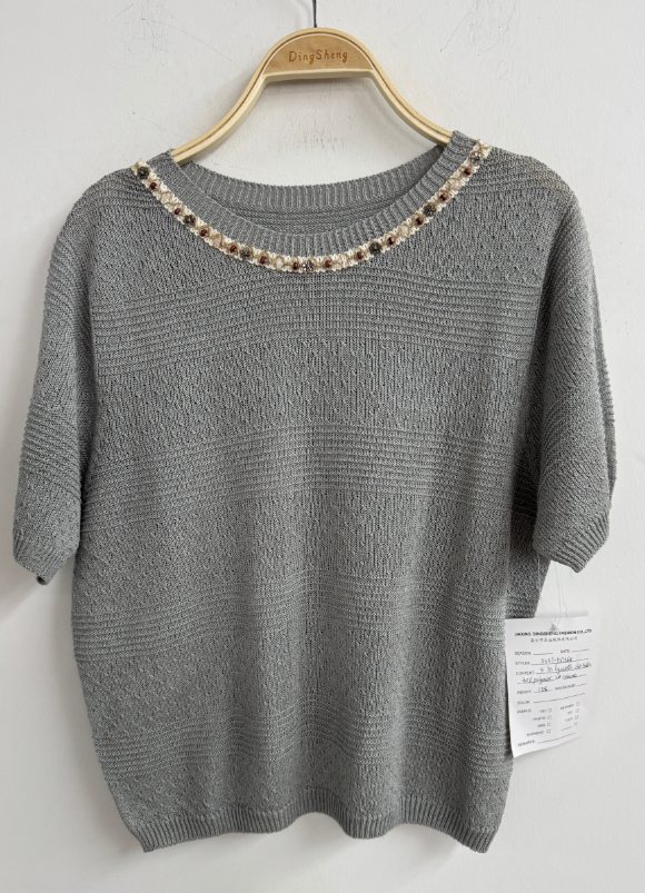 Grey short-sleeve top with beaded neckline, style DS27-YS7368, from the Knitwear World sample collection