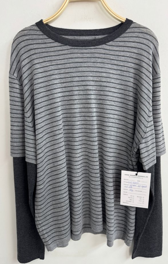 Grey stripe pullover with contrast sleeves, style DS27-K06055, from the Knitwear World sample collection