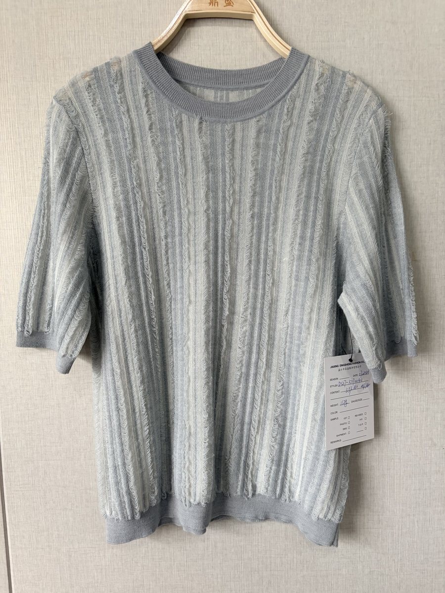 Grey stripe short-sleeve top, style DS27-K070040, from the Knitwear World sample collection