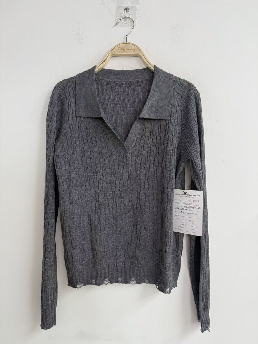 Grey textured polo-collar V-neck pullover, style DS27-K1046, from the Knitwear World sample collection