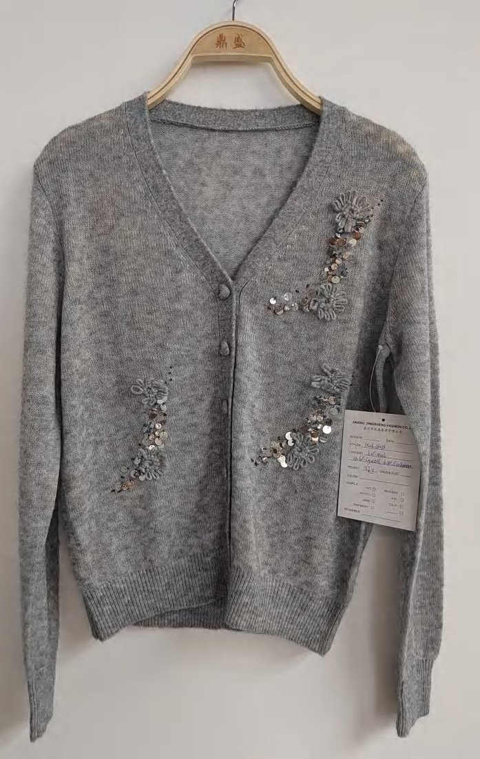 Grey V-neck cardigan with embellished front, style DS26-08013, from the Knitwear World sample collection