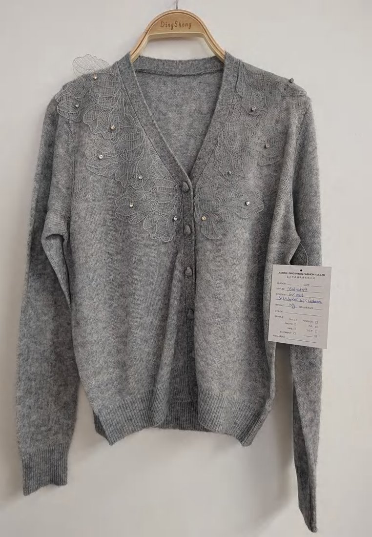 Grey V-neck cardigan with pearl details, style DS26-08014, from the Knitwear World sample collection