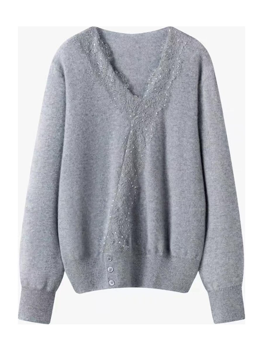 Grey V-neck pullover with lace inset, style DS27-VE027, from the Knitwear World sample collection