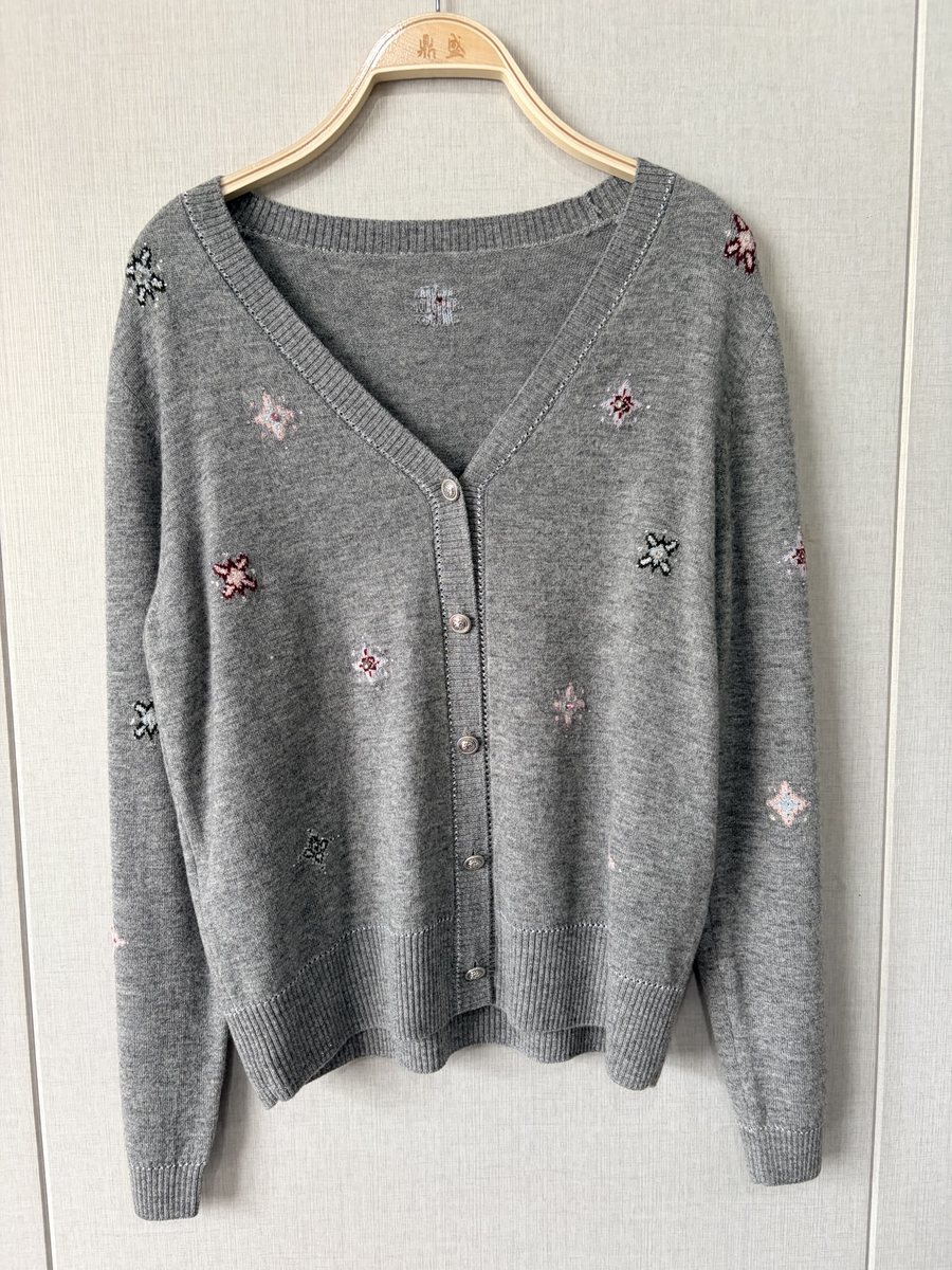 Grey wool cardigan with embroidered flowers, style DS27-K04021, from the Knitwear World sample collection