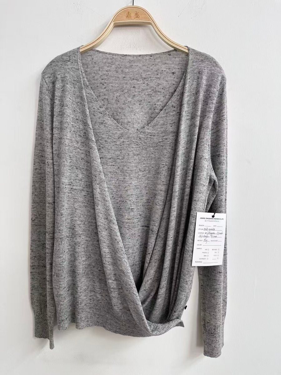 Grey wrap-front pullover, style DS27-K04034, from the Knitwear World sample collection