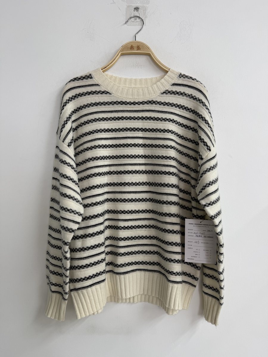 Ivory and black stripe wool-cashmere pullover, style DS27-K1057, from the Knitwear World sample collection