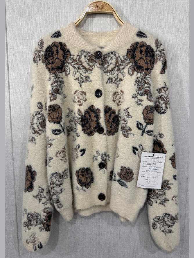 Ivory and brown rose jacquard faux-mink cardigan, style DS23-11106, from the Knitwear World sample collection