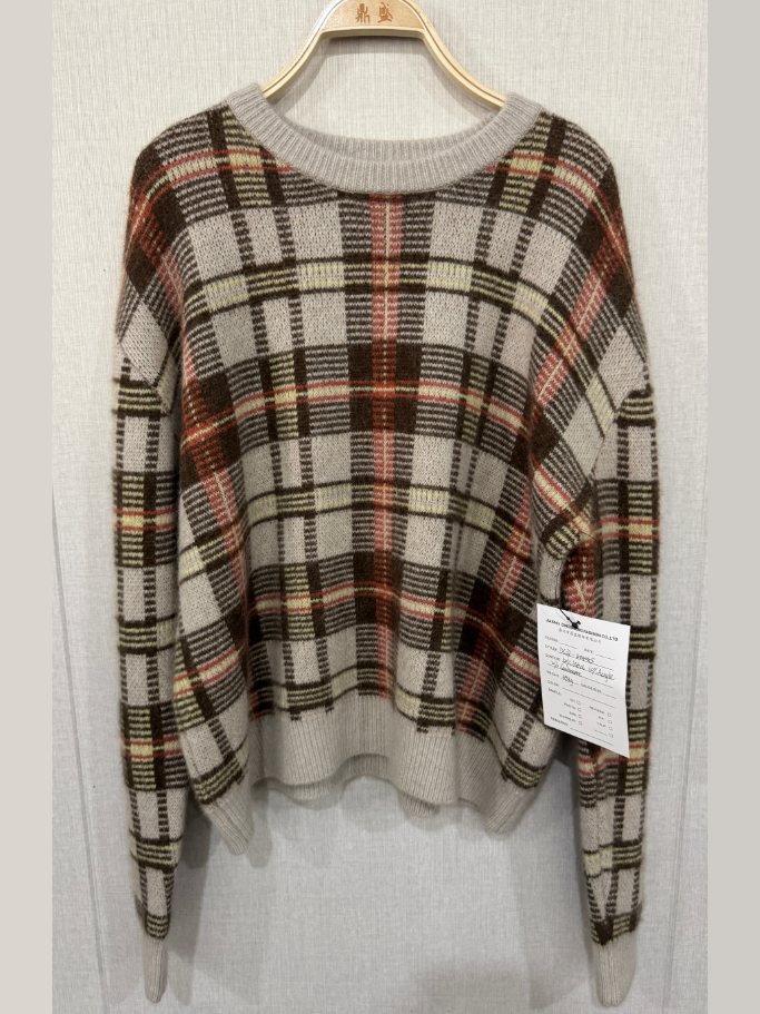 Ivory, brown and red plaid pullover, style DS27-K04055, from the Knitwear World sample collection