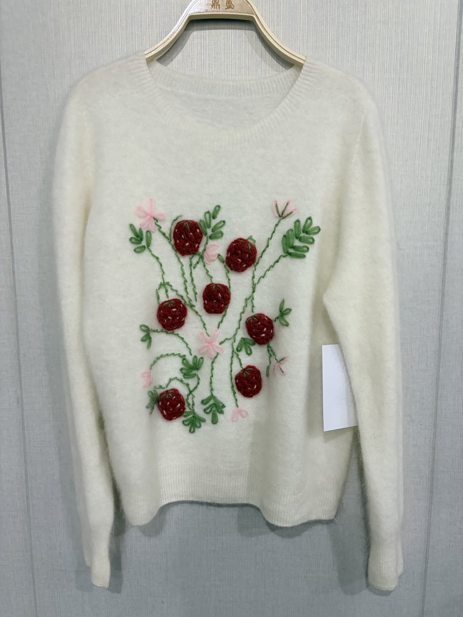 Ivory brushed pullover with strawberry embroidery, style DS27-B07020, from the Knitwear World sample collection