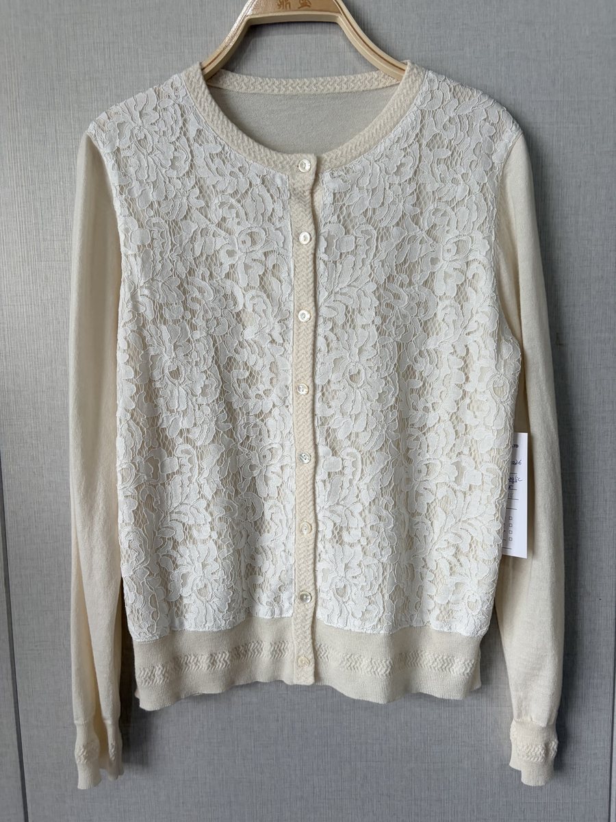 Ivory cardigan with lace-look front, style DS27-K070037, from the Knitwear World sample collection