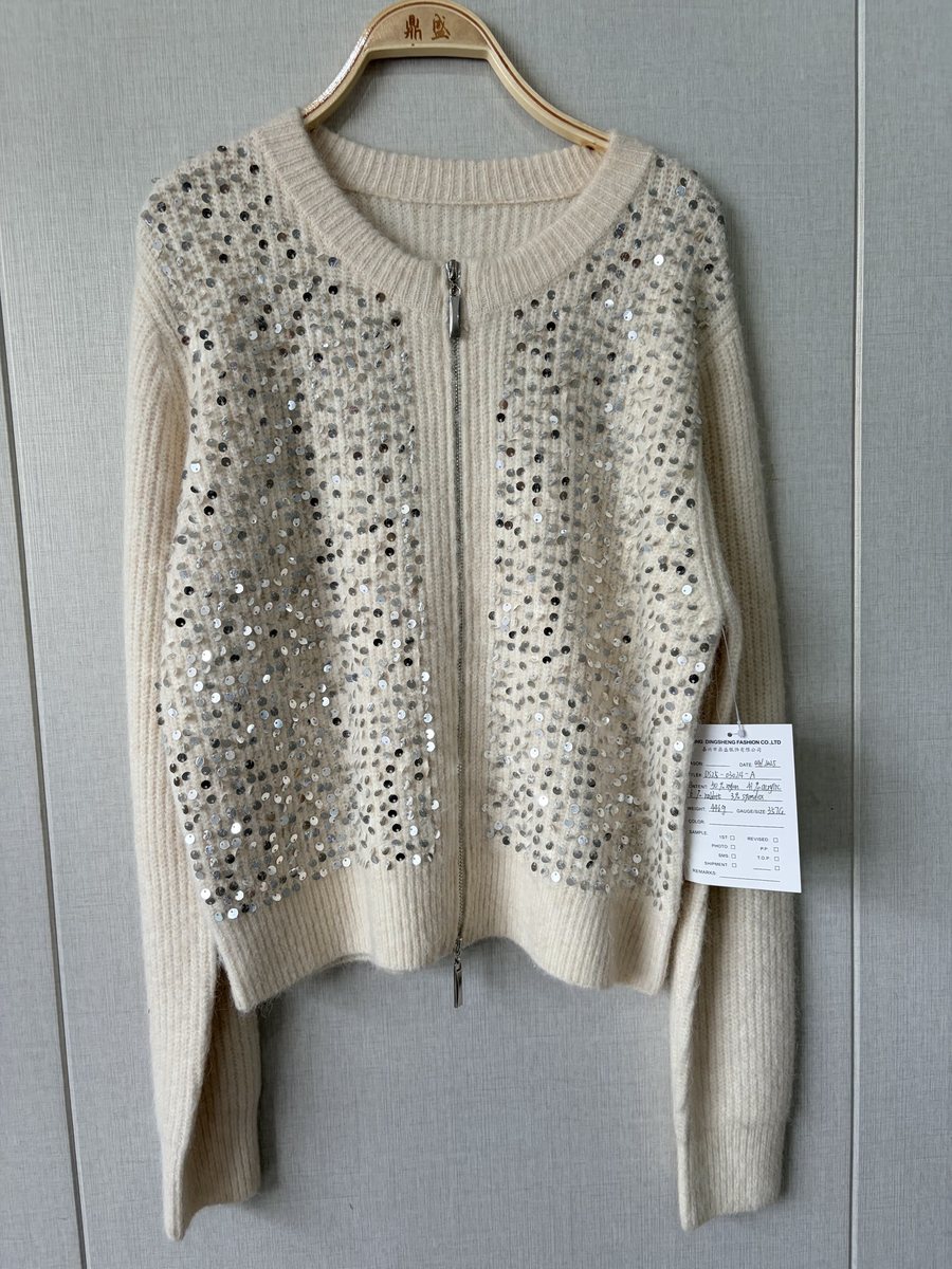 Ivory cardigan with sequin front, style DS25-03024-A, from the Knitwear World sample collection