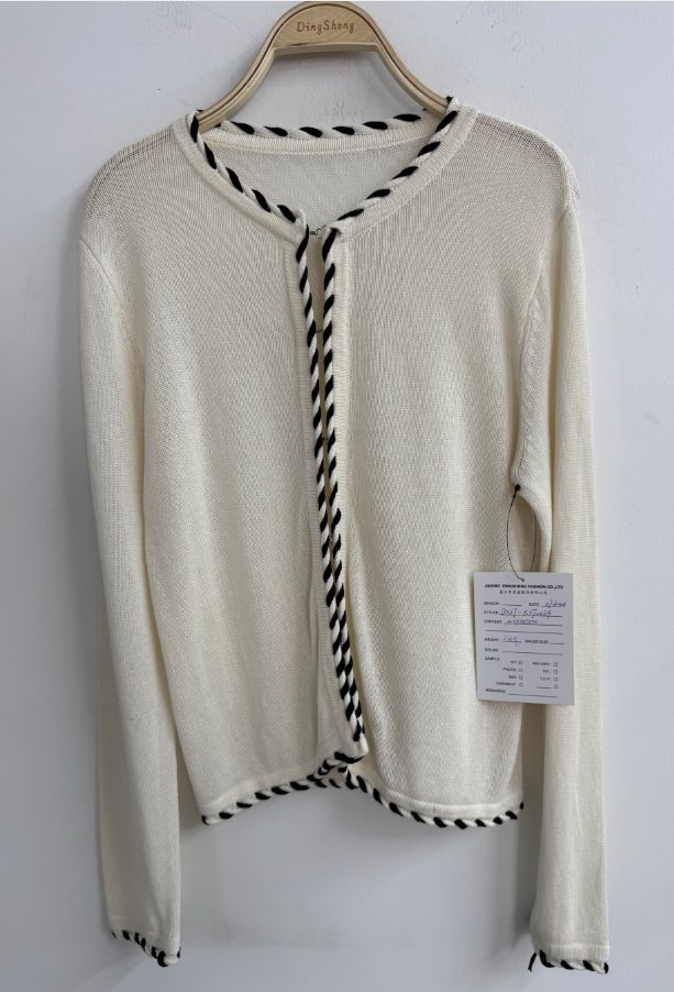 Ivory cotton cardigan with striped trim, style DS27-K070029, from the Knitwear World sample collection