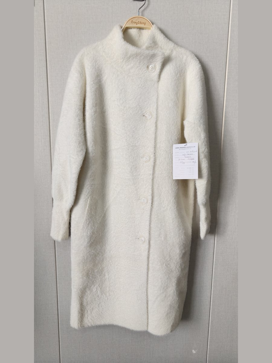 Ivory faux-mink longline coat with funnel collar, style DS27-FBC11145, from the Knitwear World sample collection