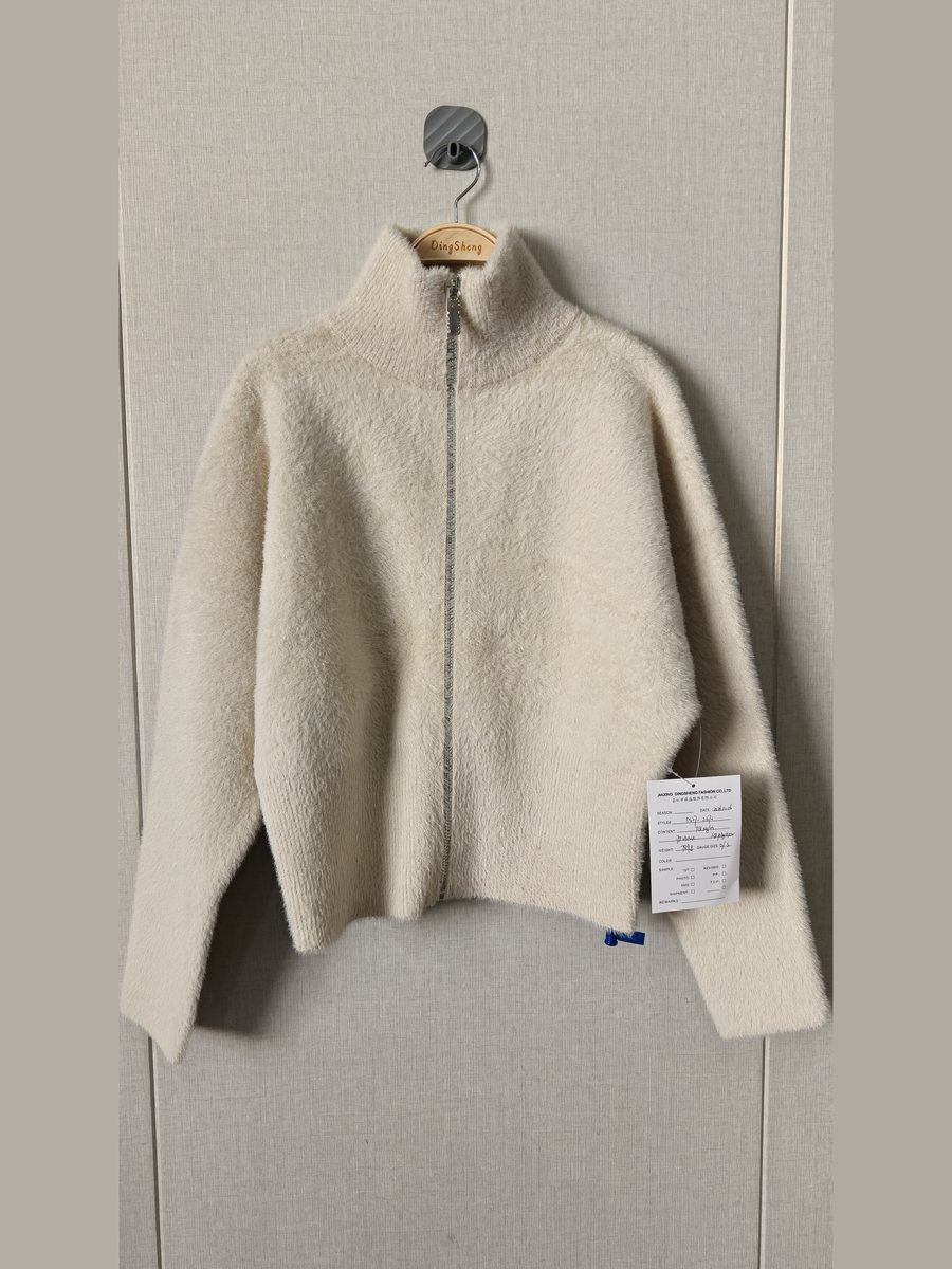 Ivory faux-mink zip-up funnel-neck jacket, style DS27-2370, from the Knitwear World sample collection