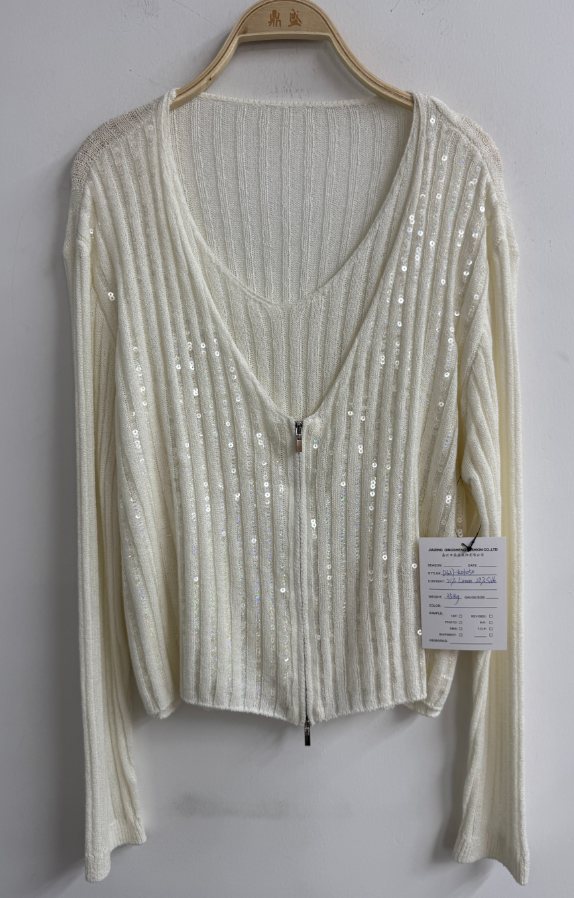 Ivory linen-silk zip cardigan with sequins, style DS27-K06050, from the Knitwear World sample collection