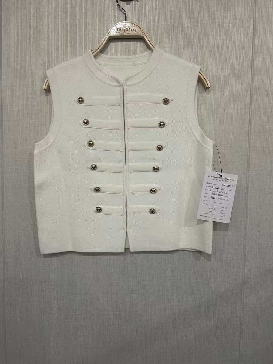 Ivory military-style knit vest with gold buttons, style DS27-K10175, from the Knitwear World sample collection