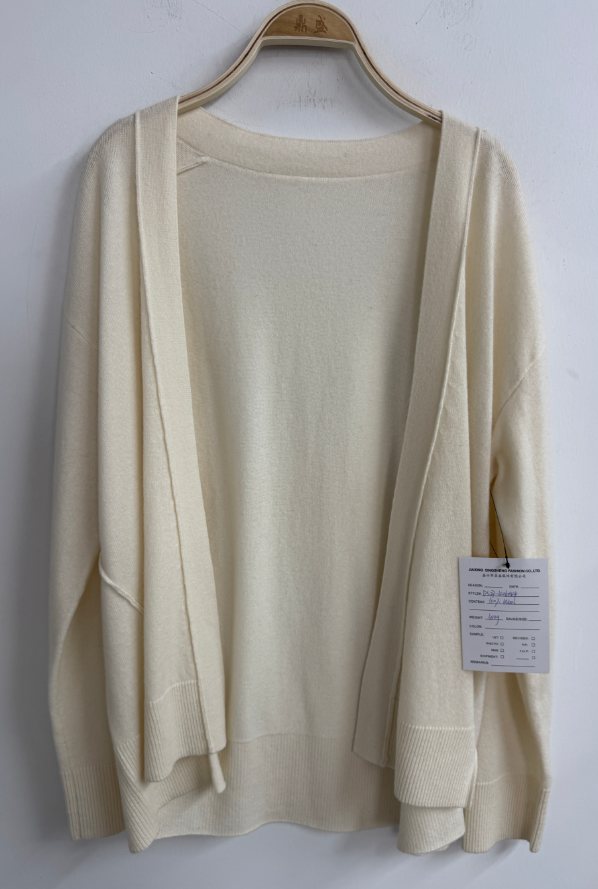 Ivory open-front wool cardigan, style DS27-K06044, from the Knitwear World sample collection