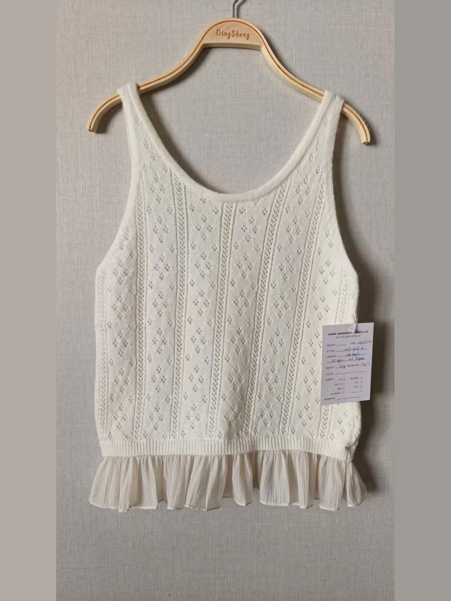 Ivory pointelle cami with chiffon ruffle hem, style DS27-09037-B, from the Knitwear World sample collection