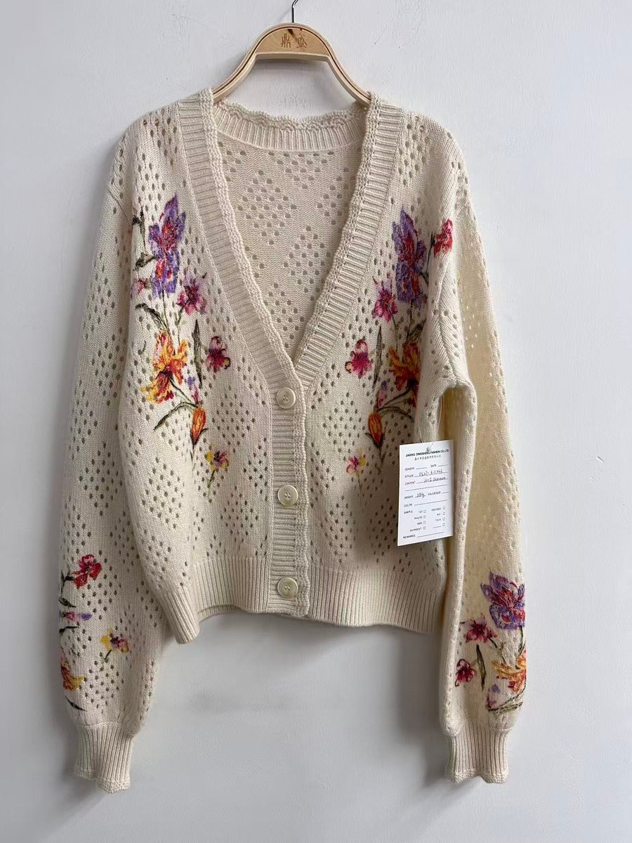 Ivory pointelle cashmere cardigan with floral embroidery, style DS27-K01043, from the Knitwear World sample collection