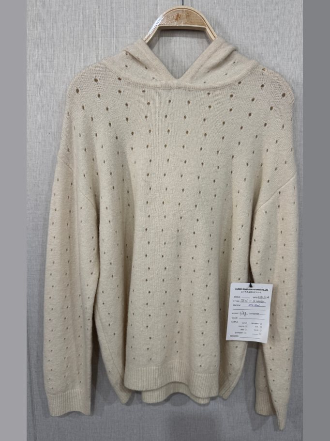 Ivory pointelle-dot hooded pullover, style DS25-K12062, from the Knitwear World sample collection