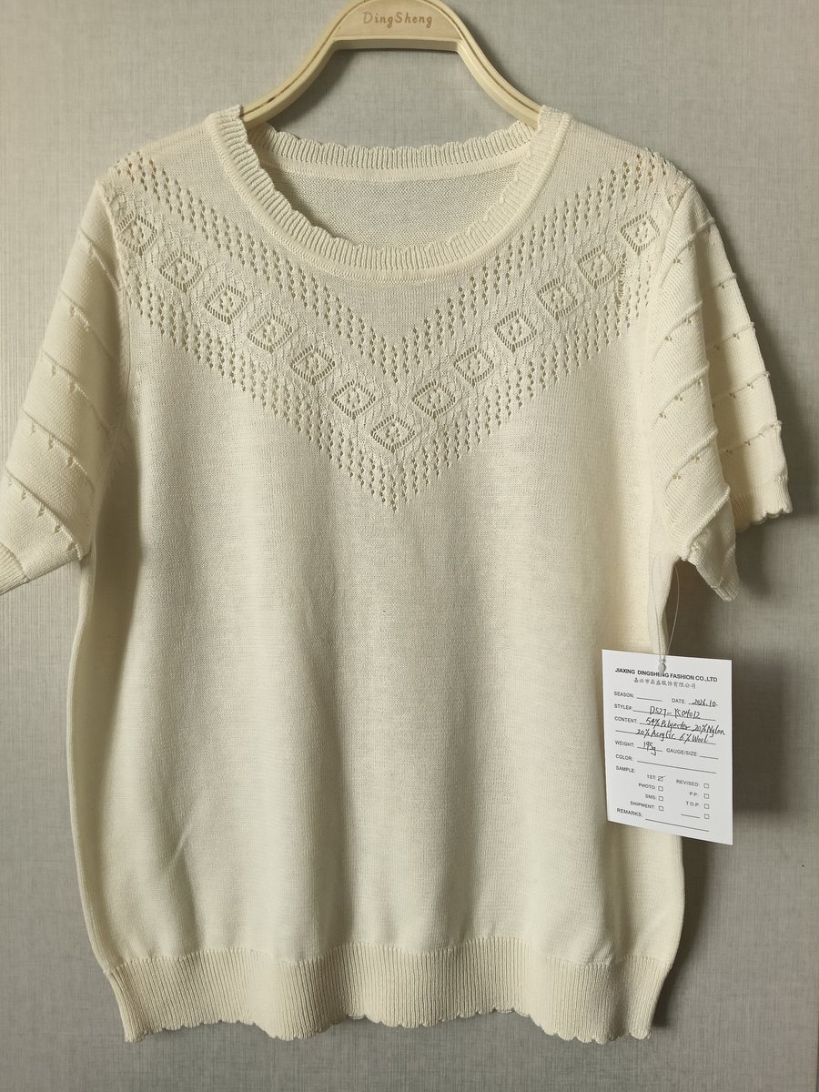 Ivory pointelle short-sleeve pullover, style DS27-YS04012, from the Knitwear World sample collection
