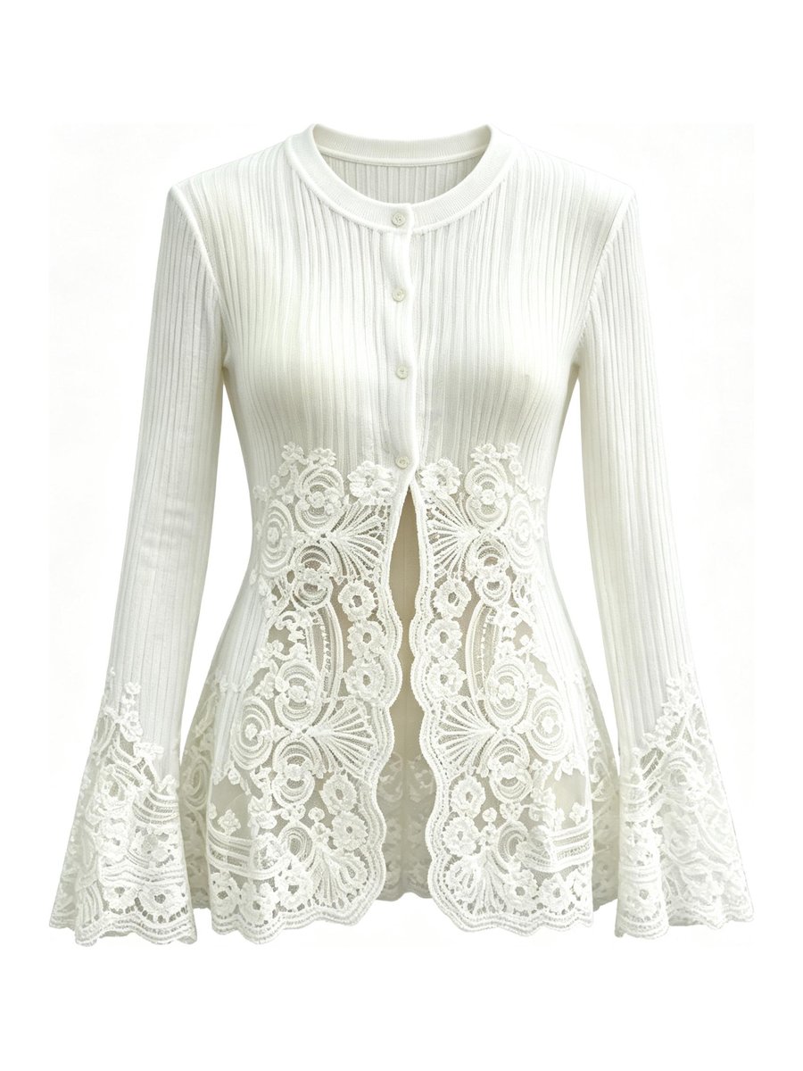 Ivory rib cardigan with lace peplum and bell sleeves, style DS27-VE023, from the Knitwear World sample collection