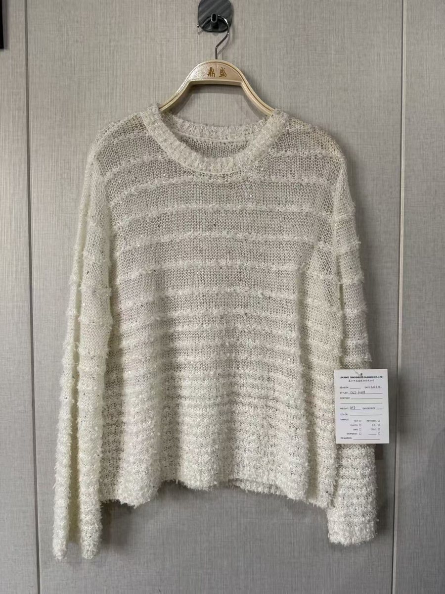 Ivory sequin-yarn textured stripe pullover, style DS27-K01034, from the Knitwear World sample collection