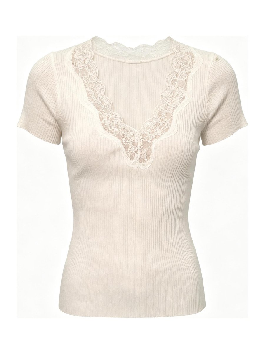 Ivory short-sleeve rib top with lace V-neck, style DS27-VE01, from the Knitwear World sample collection