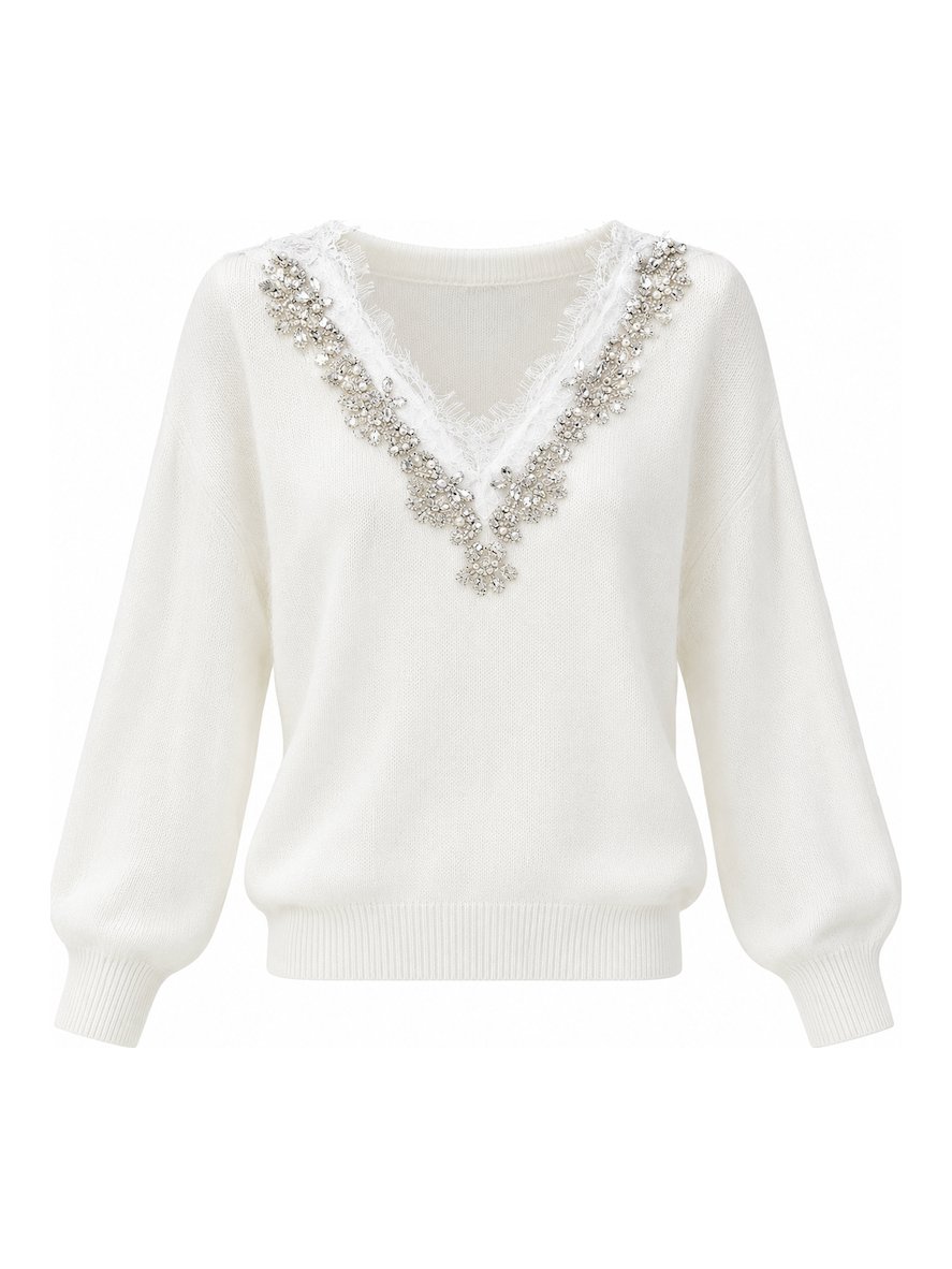 Ivory V-neck pullover with beaded lace trim, style DS27-SL0920, from the Knitwear World sample collection