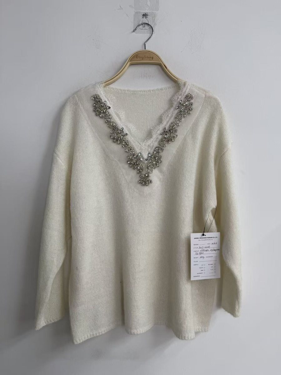 Ivory V-neck pullover with beaded neckline, style DS27-K1049, from the Knitwear World sample collection