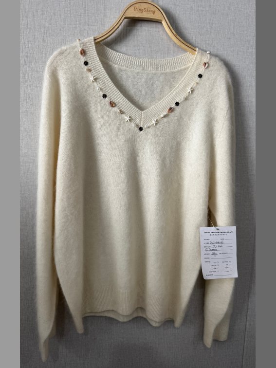 Ivory V-neck wool-cashmere pullover with jewelled neckline, style DS27-K04066, from the Knitwear World sample collection