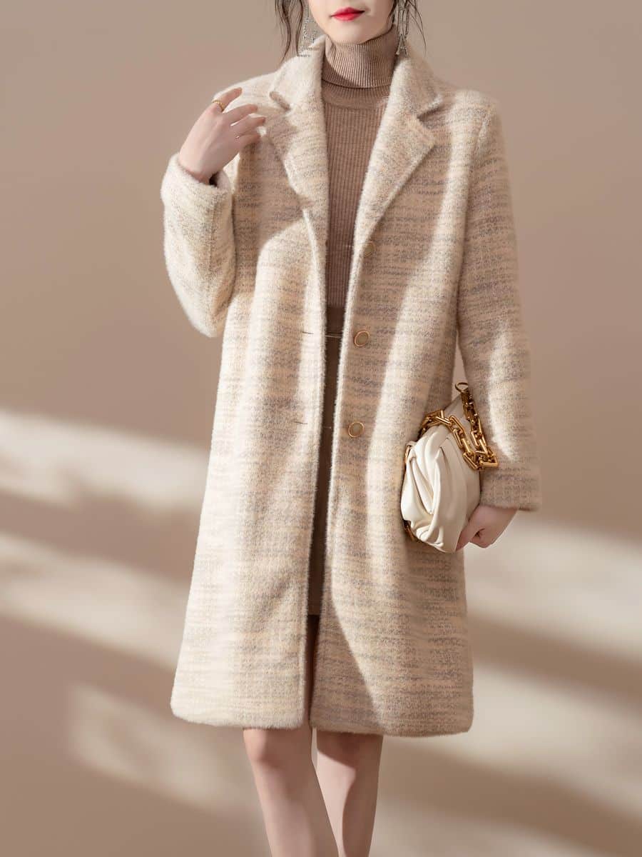 Women's knit coat in beige tweed knit, made by Knitwear World