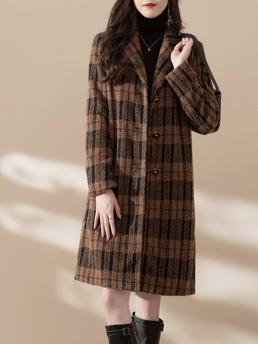 Women's knit coat in brown plaid, made by Knitwear World