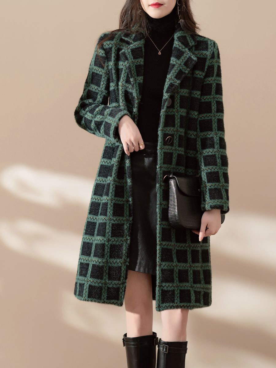 Women's knit coat in green check, made by Knitwear World