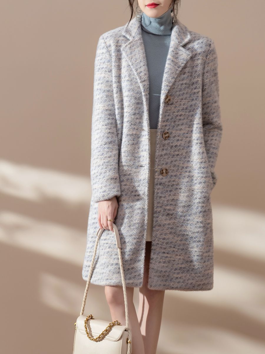 Women's knit coat in light blue tweed knit, made by Knitwear World