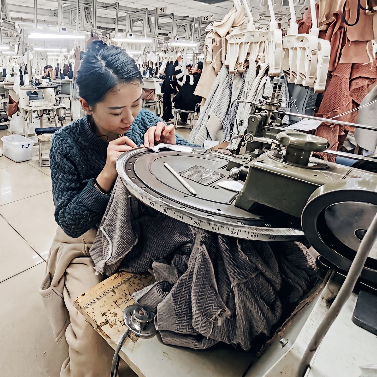 Linking operator joining knitted sweater panels on a linking machine at Knitwear World, Jiaxing