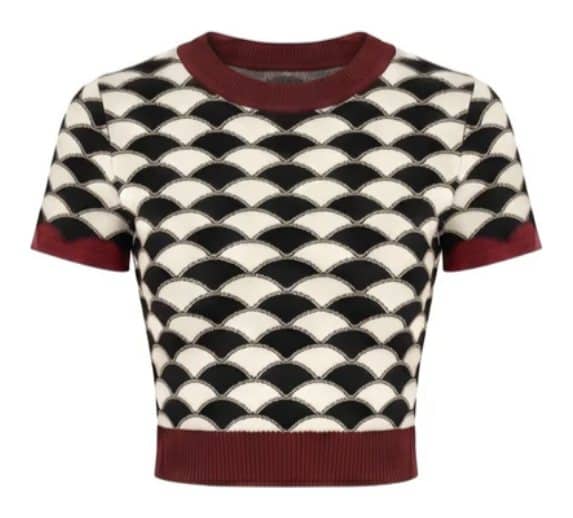 Buyer’s reference image: black and ivory scallop jacquard knitted top with burgundy rib trims