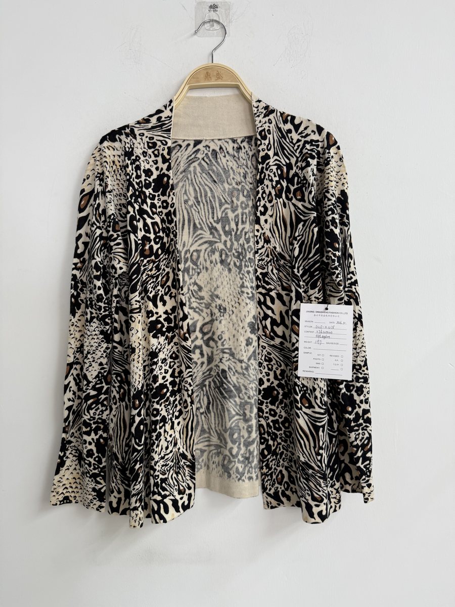 Leopard and zebra print V-neck cardigan, style DS27-K1078, from the Knitwear World sample collection
