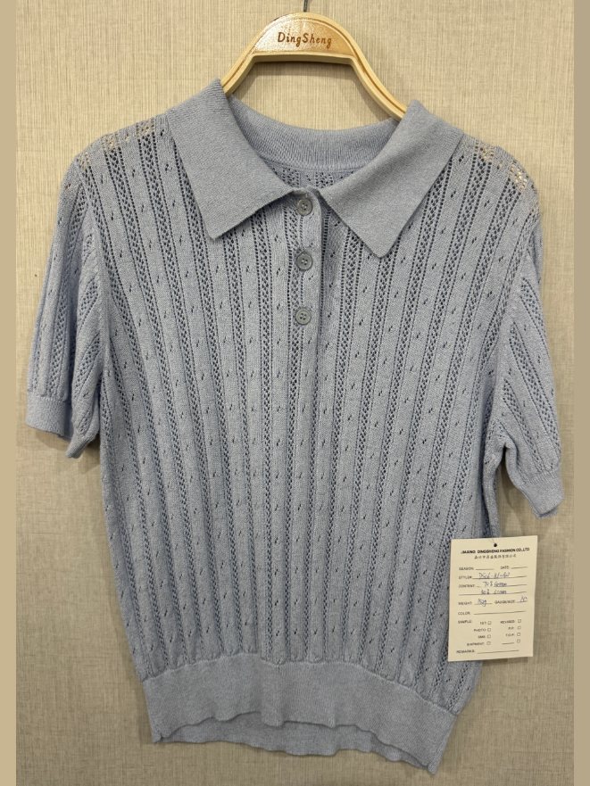 Light blue pointelle short-sleeve knit polo, style DS26-K10020, from the Knitwear World sample collection