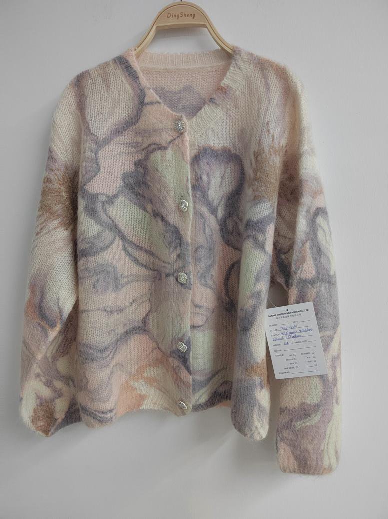 Lilac abstract print brushed-knit cardigan, style DS26-08051, from the Knitwear World sample collection