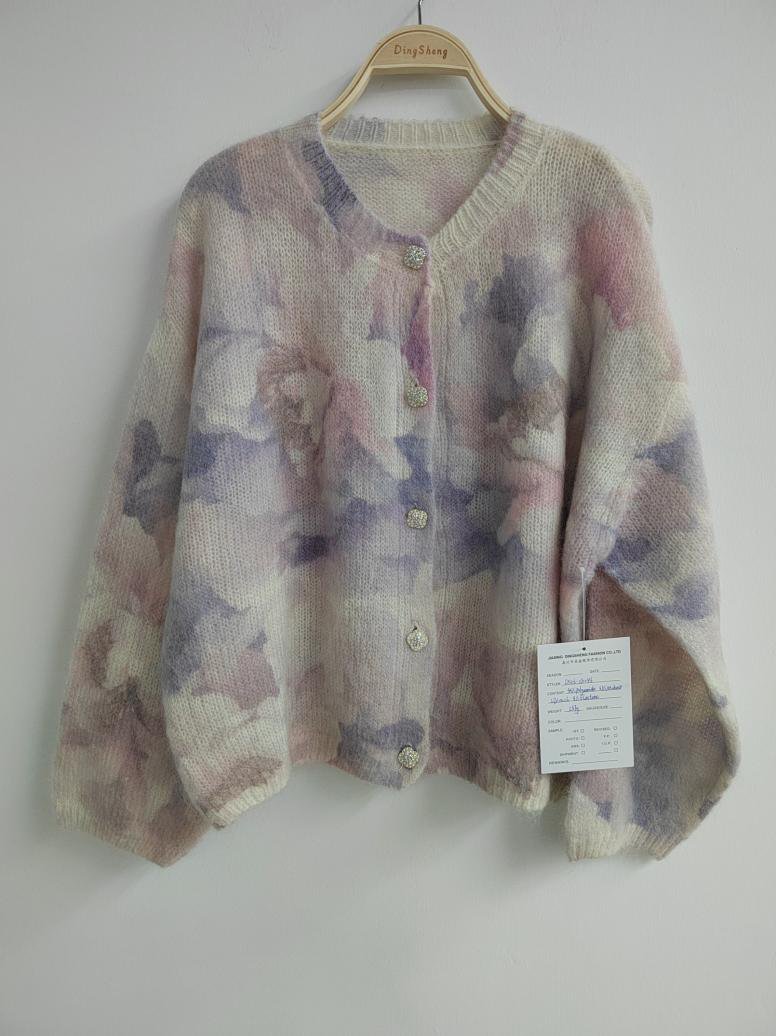 Lilac floral print brushed-knit cardigan, style DS26-08046, from the Knitwear World sample collection
