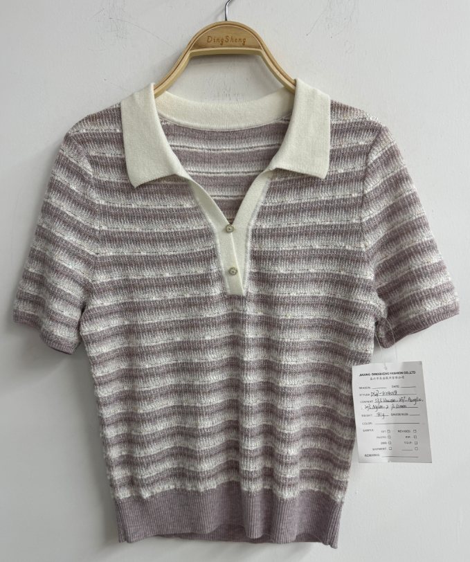 Lilac stripe short-sleeve knit polo, style DS27-K04008, from the Knitwear World sample collection