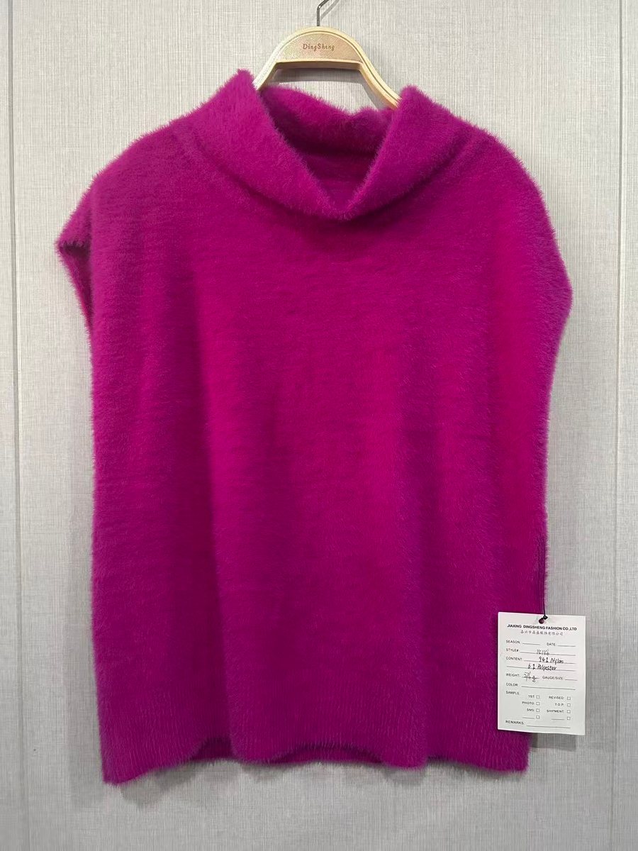 Magenta faux-mink cowl-neck sleeveless top, style 14146, from the Knitwear World sample collection