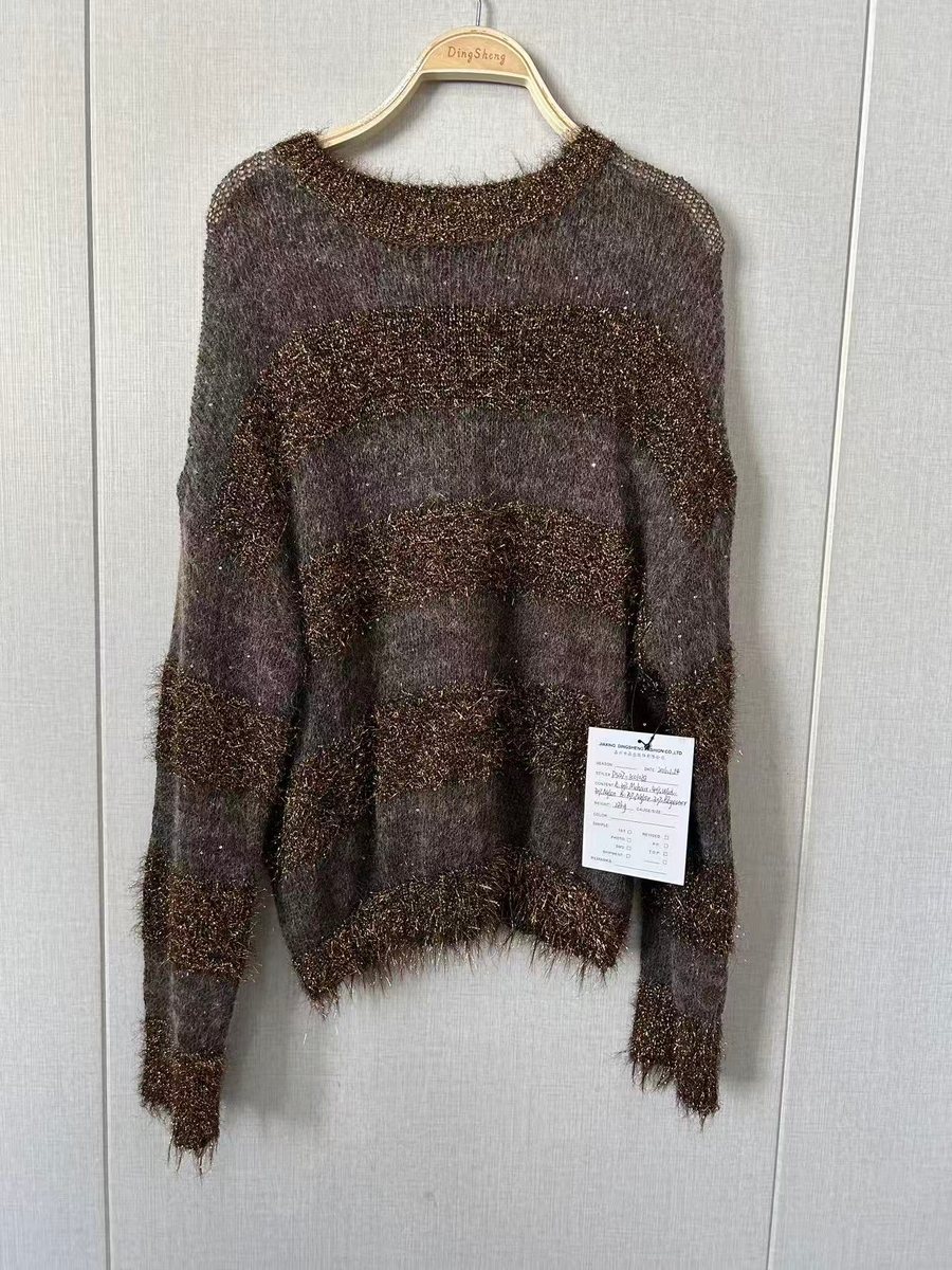 Mauve lurex-stripe eyelash-yarn pullover, style DS27-K01038, from the Knitwear World sample collection