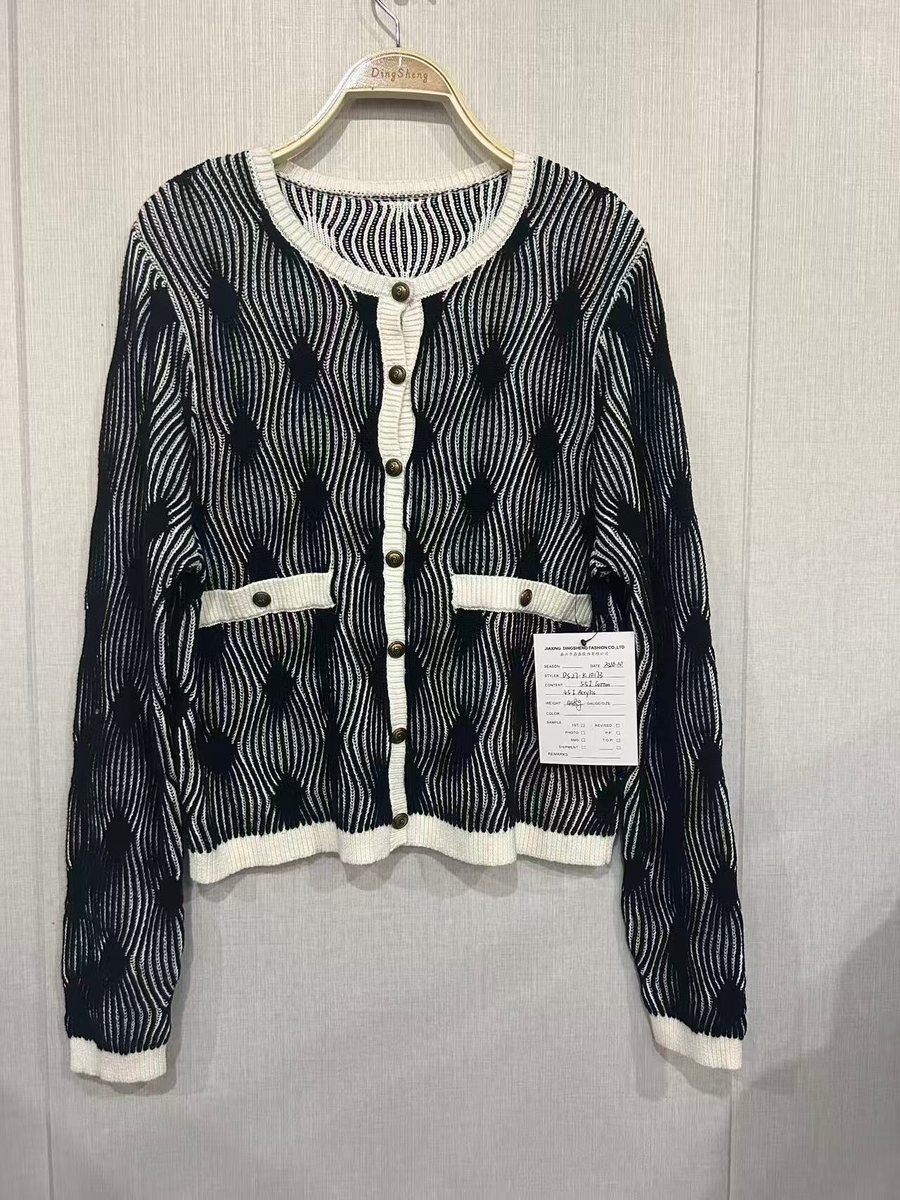 Men's black and ivory jacquard cardigan with contrast trim, style DS27-K10173, from the Knitwear World sample collection