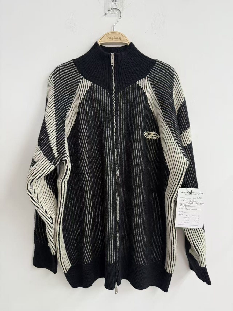 Men's black and ivory jacquard zip-up knit jacket, style DS27-K1063, from the Knitwear World sample collection