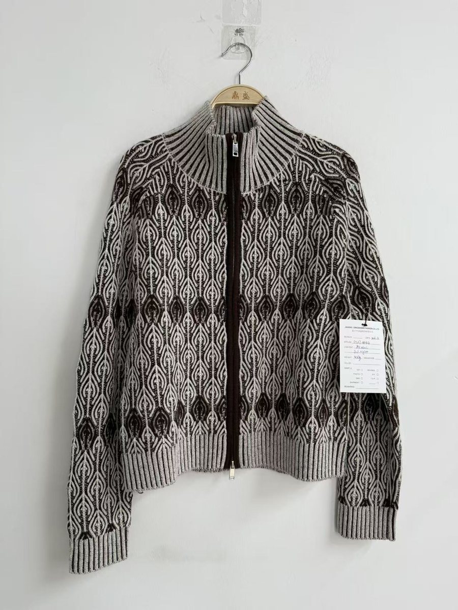 Men's brown and ivory jacquard zip cardigan, style DS27-K1044, from the Knitwear World sample collection
