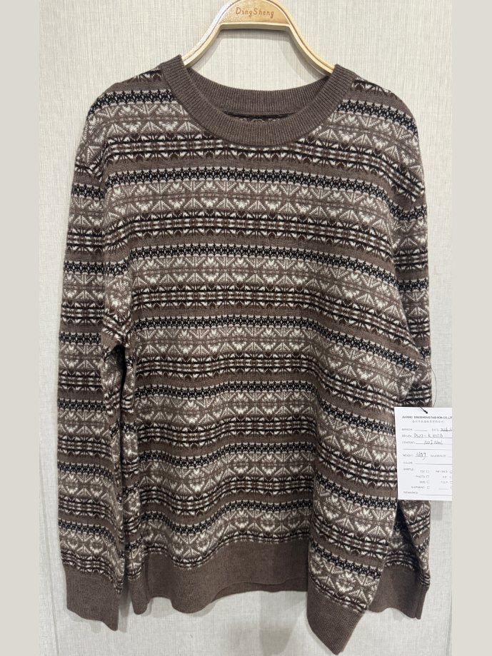 Men's brown Fair Isle crew-neck sweater, style DS27-K10176, from the Knitwear World sample collection