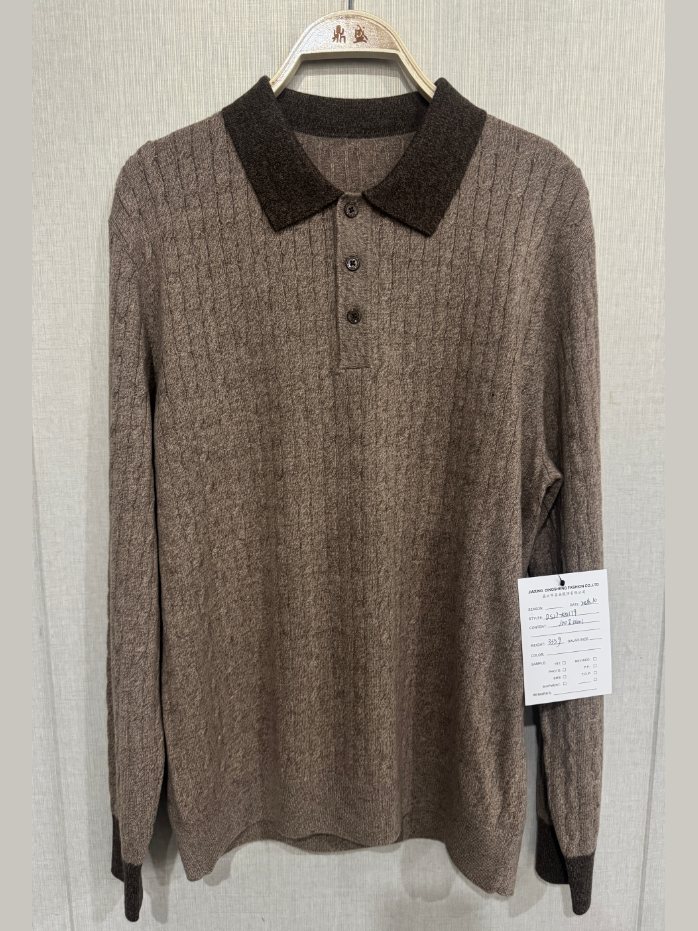 Men's brown rib polo sweater with contrast collar, style DS27-K10179, from the Knitwear World sample collection